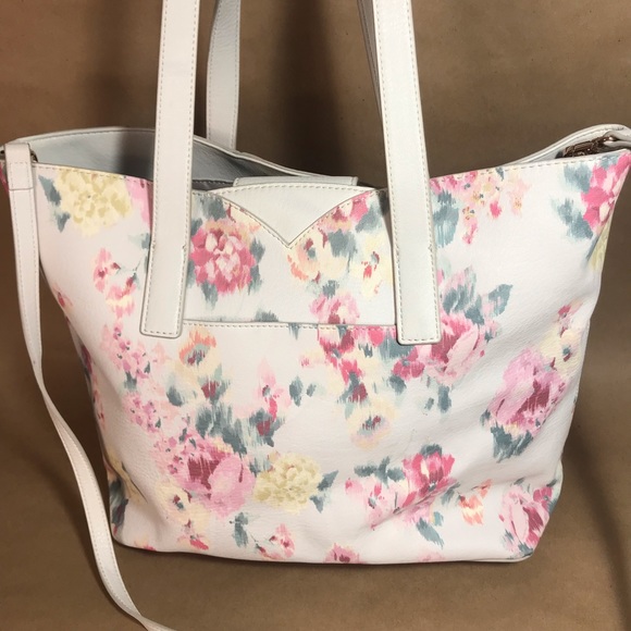 LC Lauren Conrad White Pink Floral Large Vegan Leather Tote Bag NWOT - Picture 11 of 15